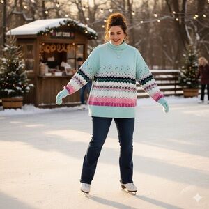 Crown & Ivy Mint & Pink Patterned Mock Neck Sweater